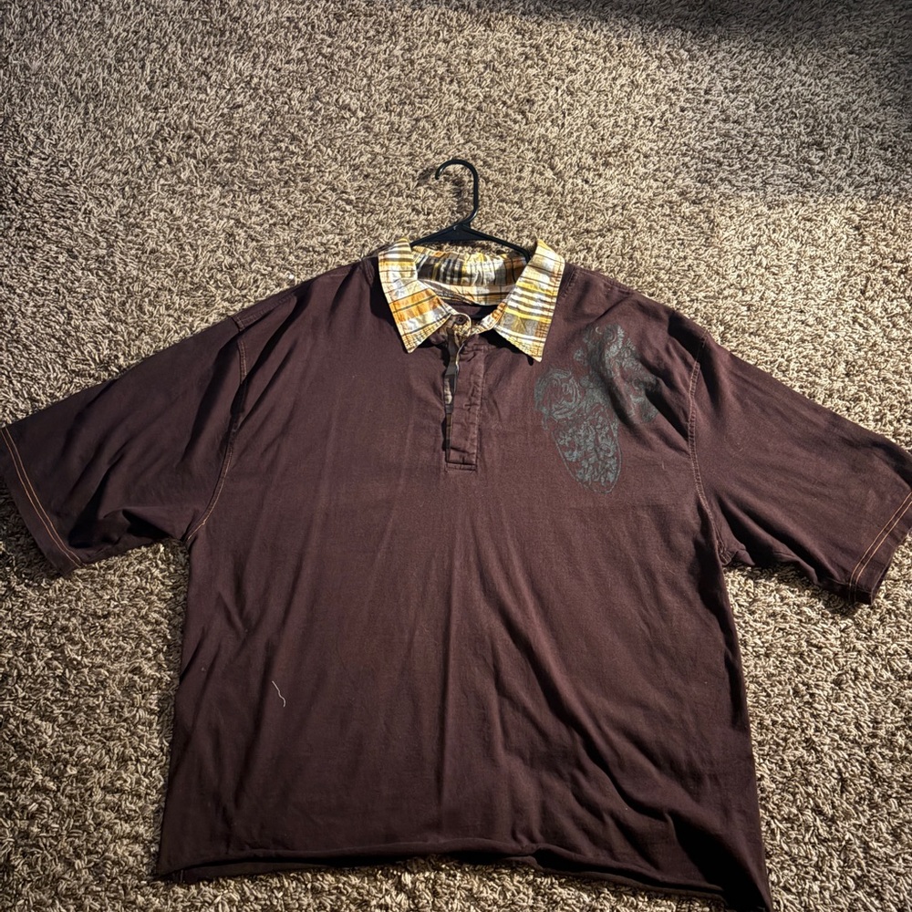 Men's Brown Polo Shirt with Plaid Collar